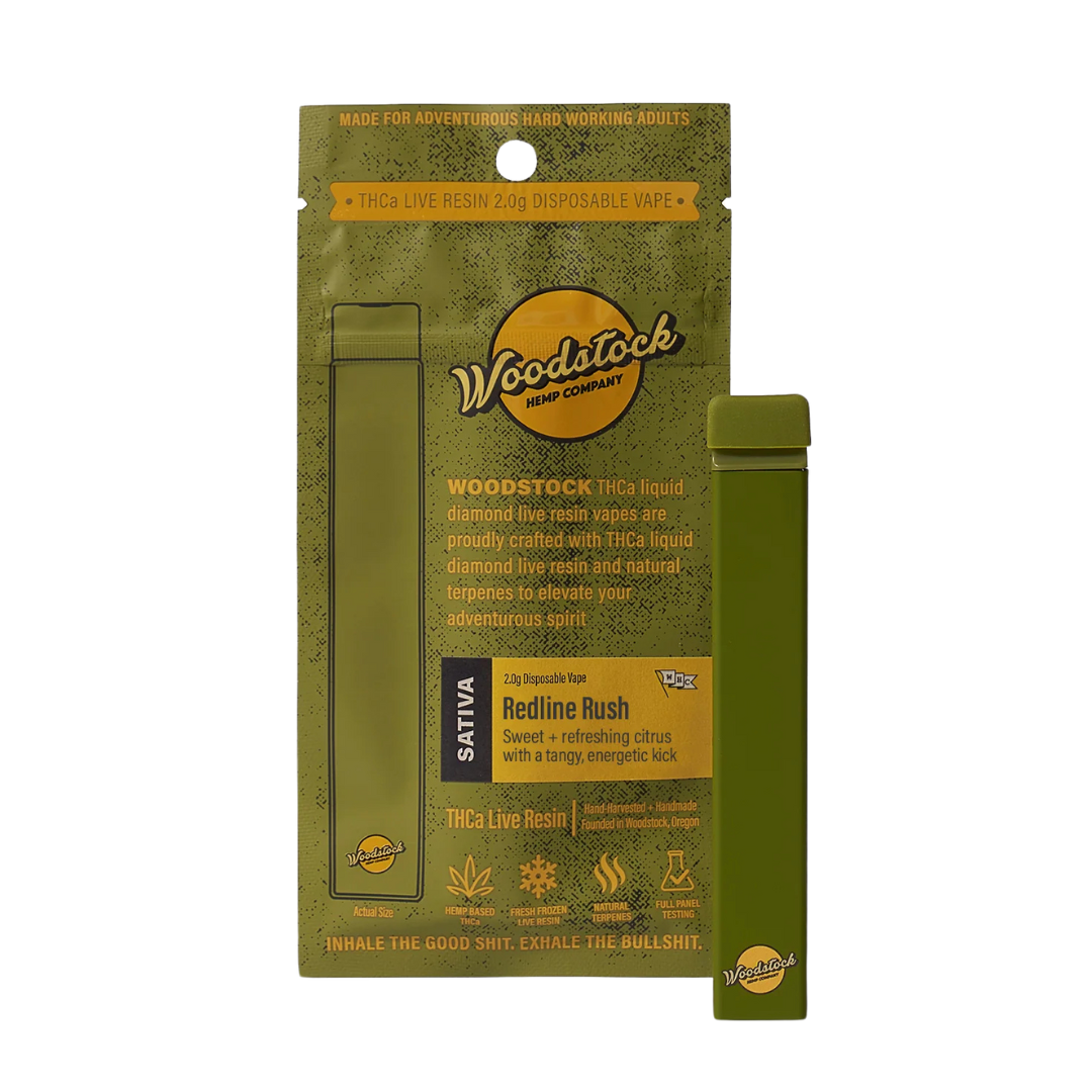 Woodstock Redline Rush Sativa vape with 2g THCa live resin, featuring citrus flavor and energetic effects. Shop discreet delivery today.
