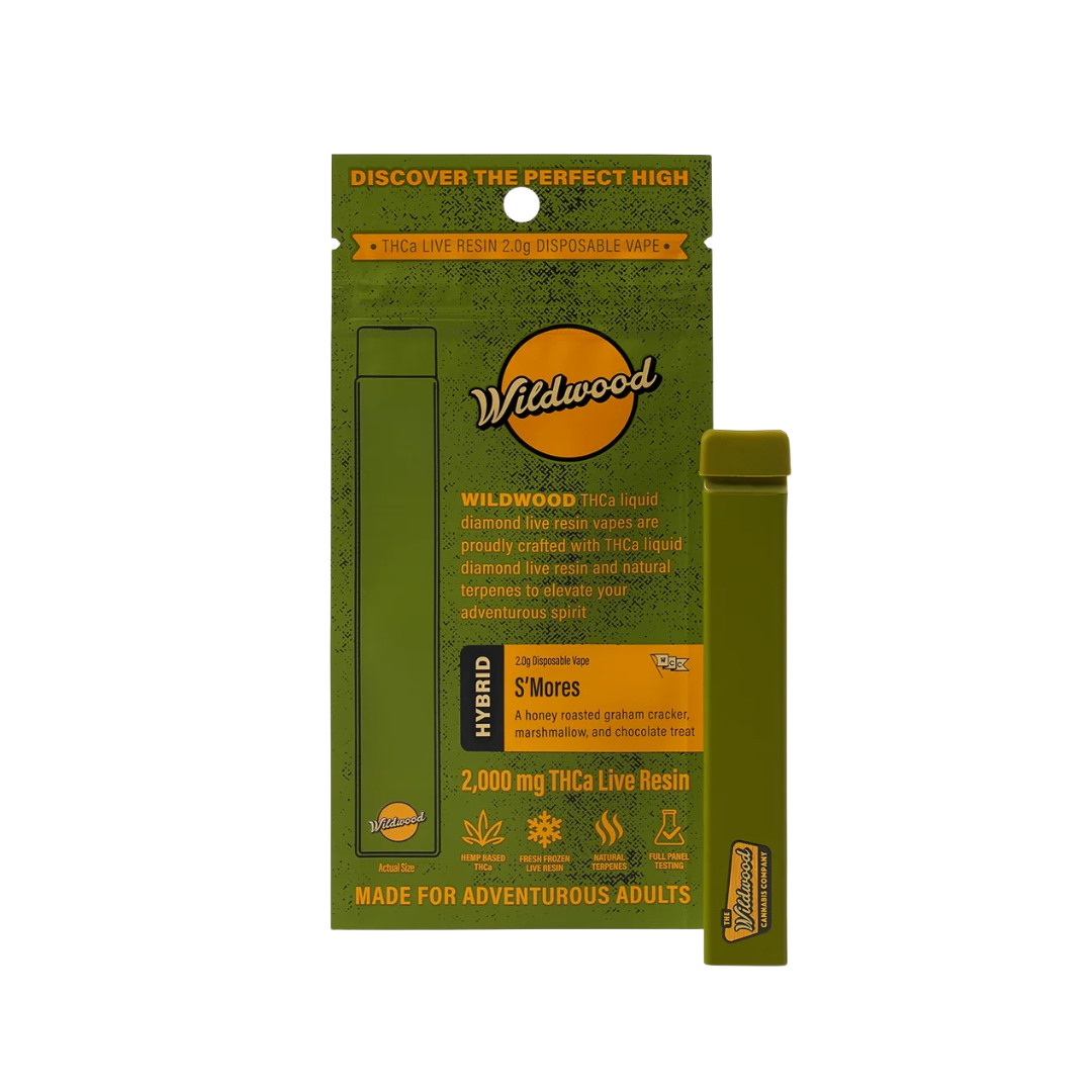 Shop Woodstock S’mores THCa Live Resin Vape—2g hybrid disposable with bold dessert flavor and fast-acting effects. Ready to ship!