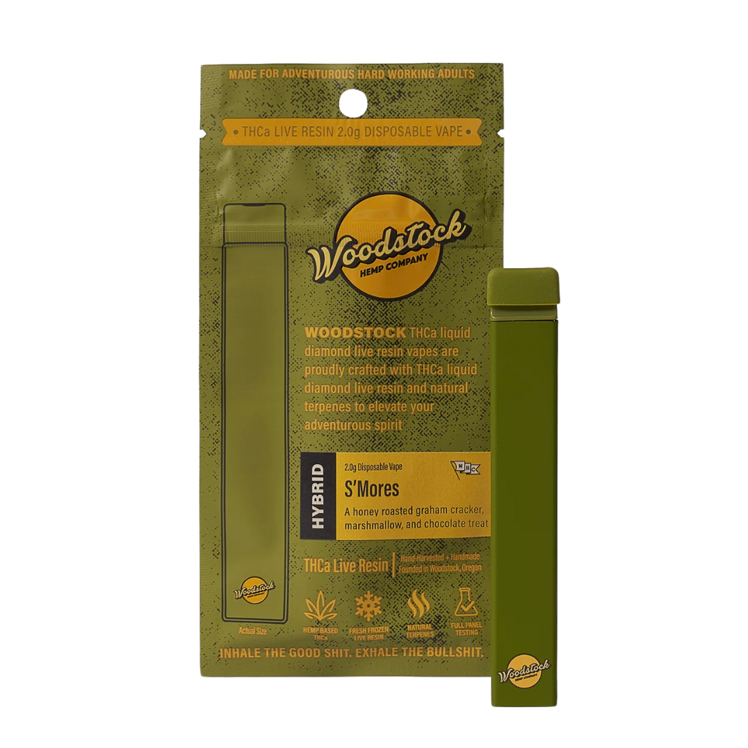 Shop Woodstock S’mores THCa Live Resin Vape—2g hybrid disposable with bold dessert flavor and fast-acting effects. Ready to ship!
