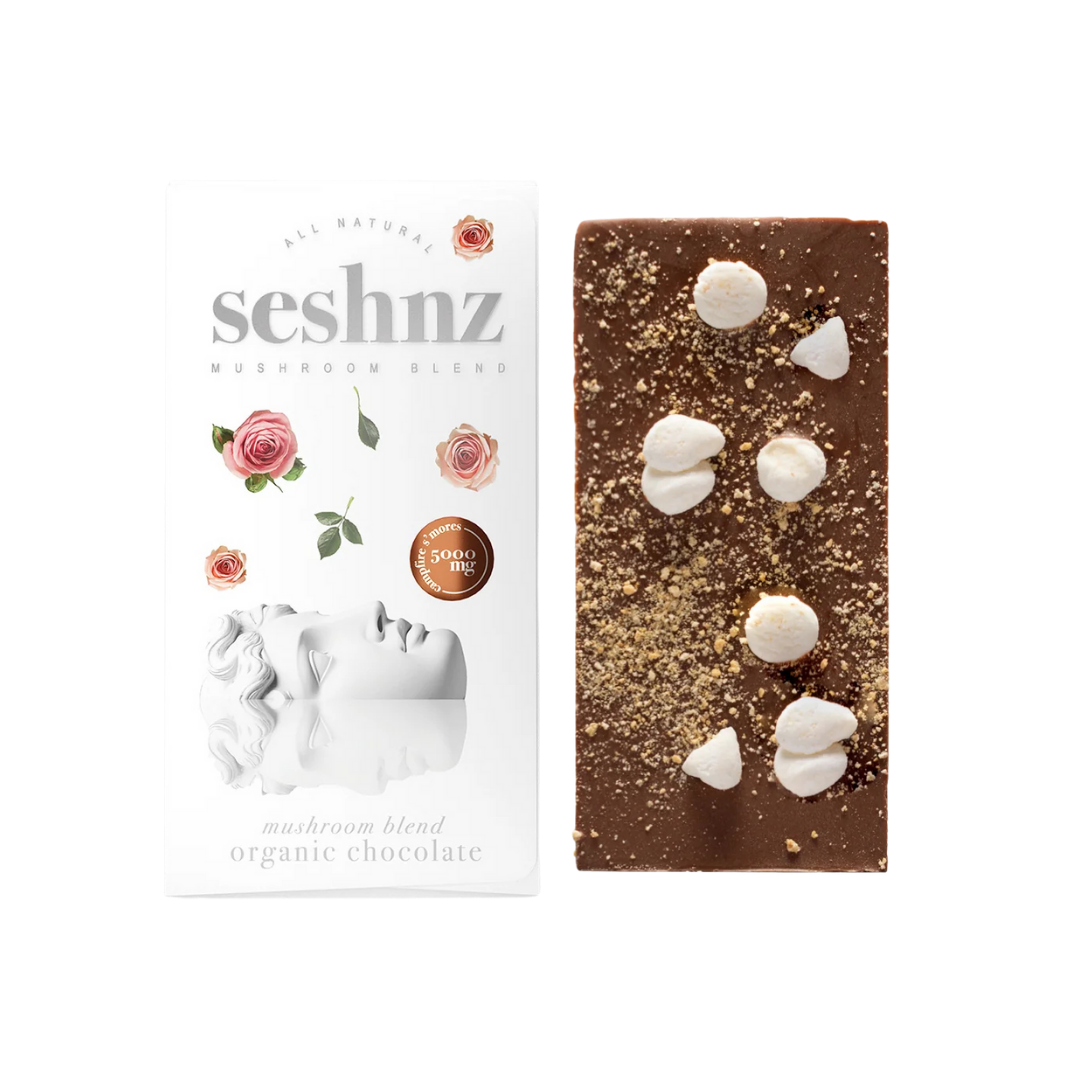 Seshnz Campfire S’mores Mushroom Blend Chocolate Bar with marshmallow, graham cracker, and mushroom infusion. Available at Consider It Flowers.