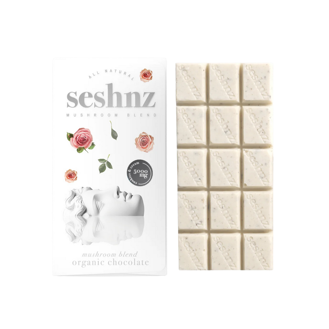 Seshnz Cookies & Cream Mushroom Blend Chocolate Bar with white chocolate and cookie crunch, available now at Consider It Flowers.