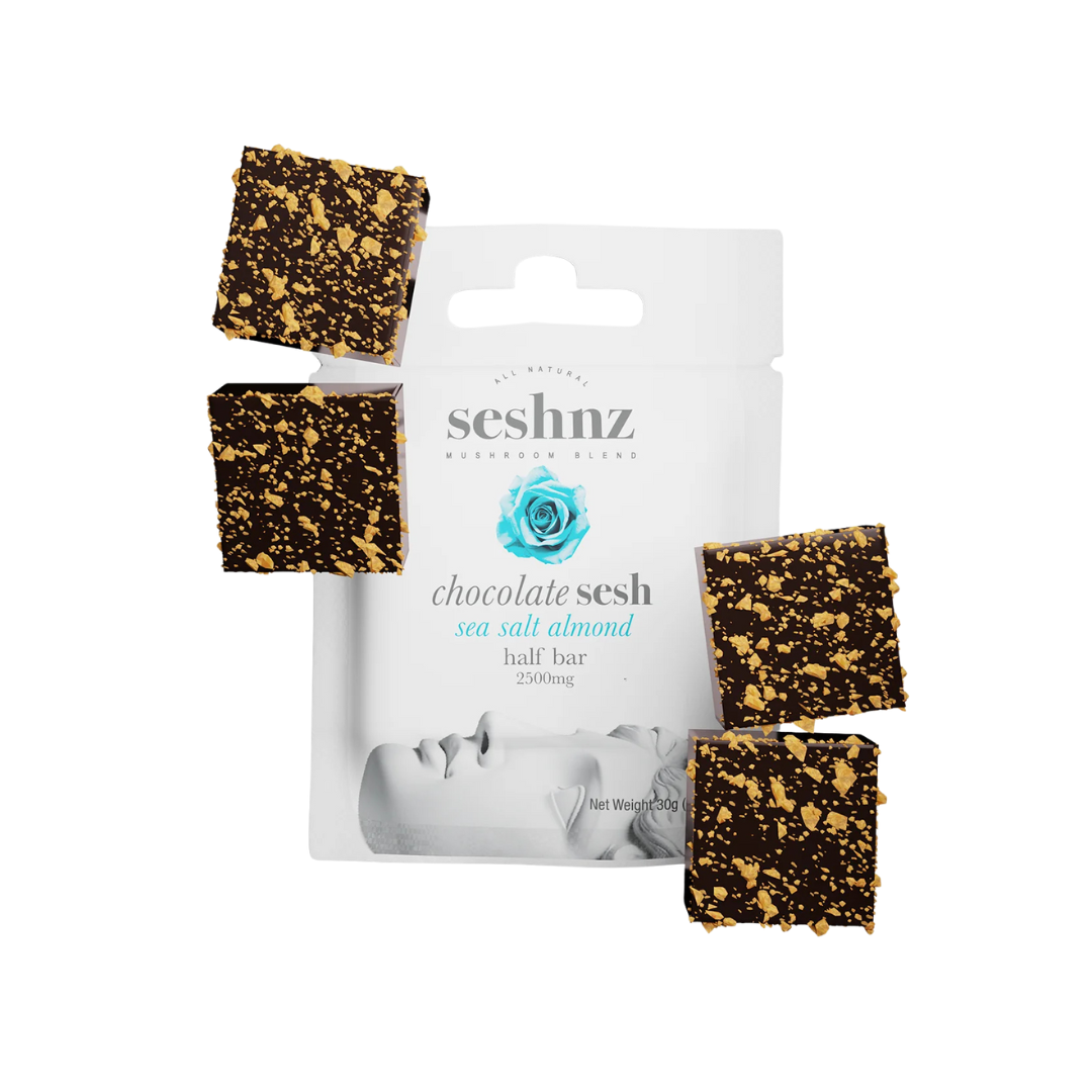 Seshnz Sea Salt Almond Half Bar – milk chocolate, roasted almonds, and mushrooms in 4 squares. Shop premium mushroom chocolate now.