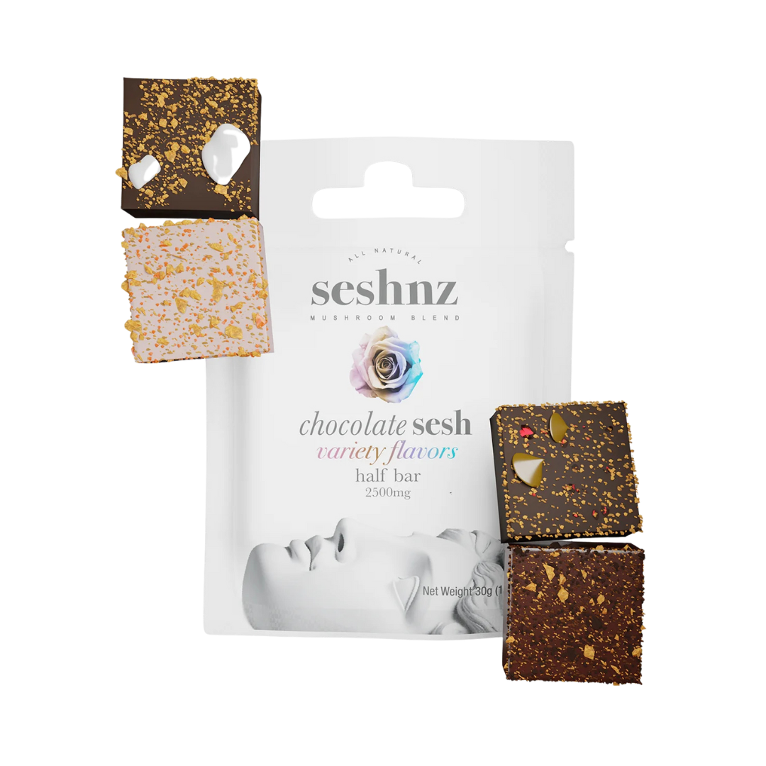 Seshnz Mushroom Blend Variety Pack Half Bar with 4 flavors. Shop premium magic mushroom chocolate bars now at Consider It Flowers.