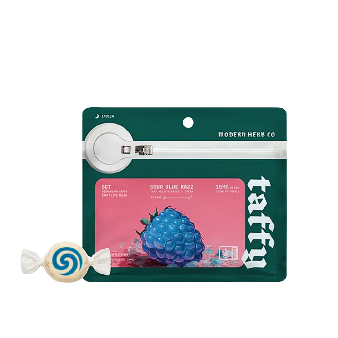 Modern Herb Sour Blue Razz indica taffy 5ct with live resin. Buy THC edibles online with fast shipping or Nashville delivery.