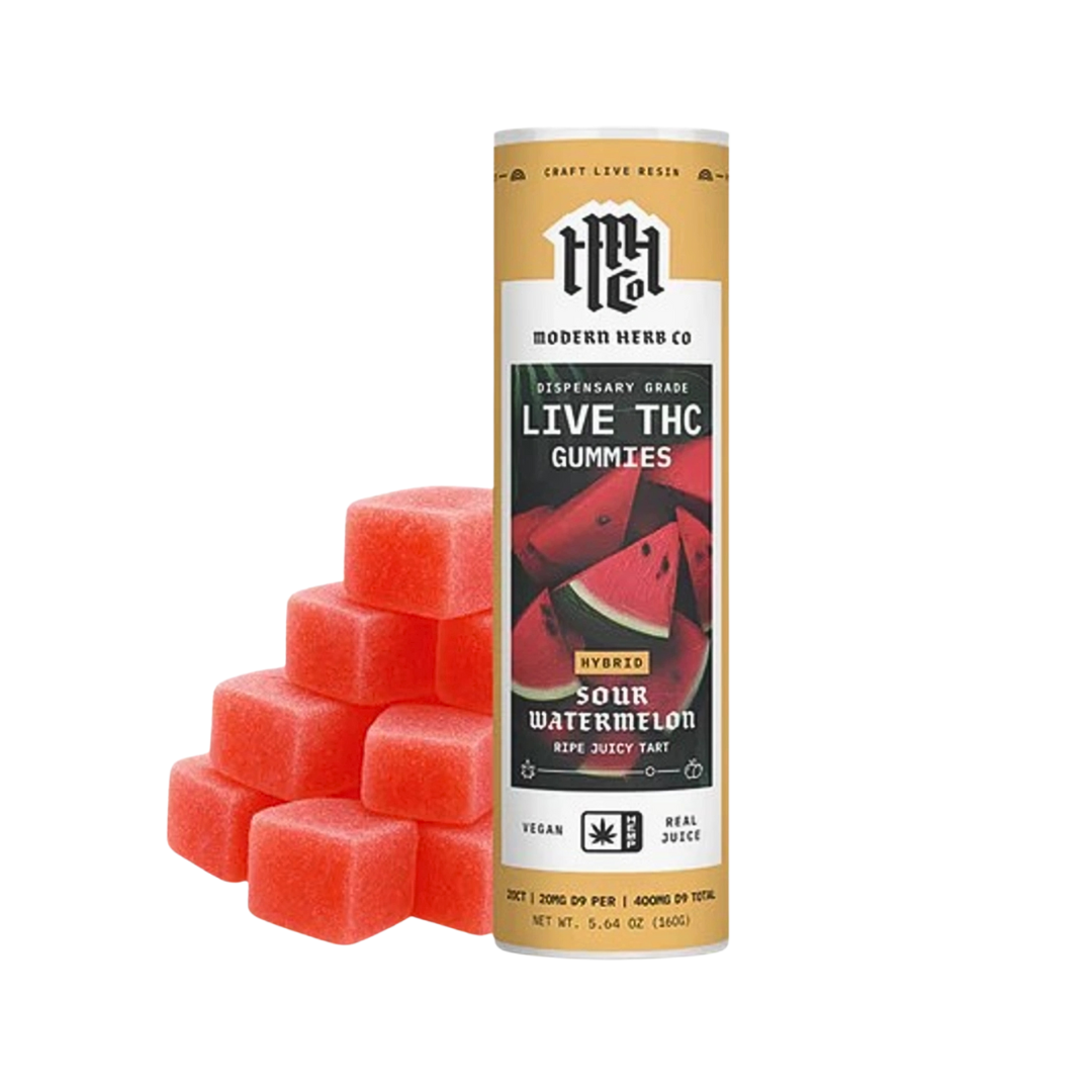 Modern Herb Co. Sour Watermelon Hybrid 20CT Live Resin Gummies – 20mg THC each, balanced anytime high with sweet and sour flavor. Shop now.