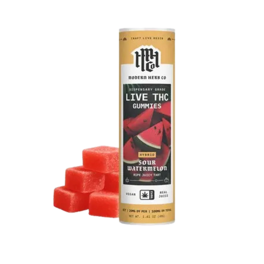 Modern Herb Co. Sour Watermelon Hybrid Live Resin Gummies – 20mg THC each, balanced anytime high with sweet and sour flavor. Shop now.