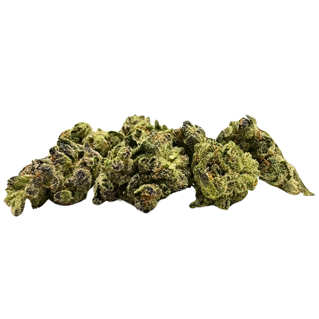 Premium Smalls Space Ghost THCA flower showing dense forest-green buds with crystalline trichomes.  