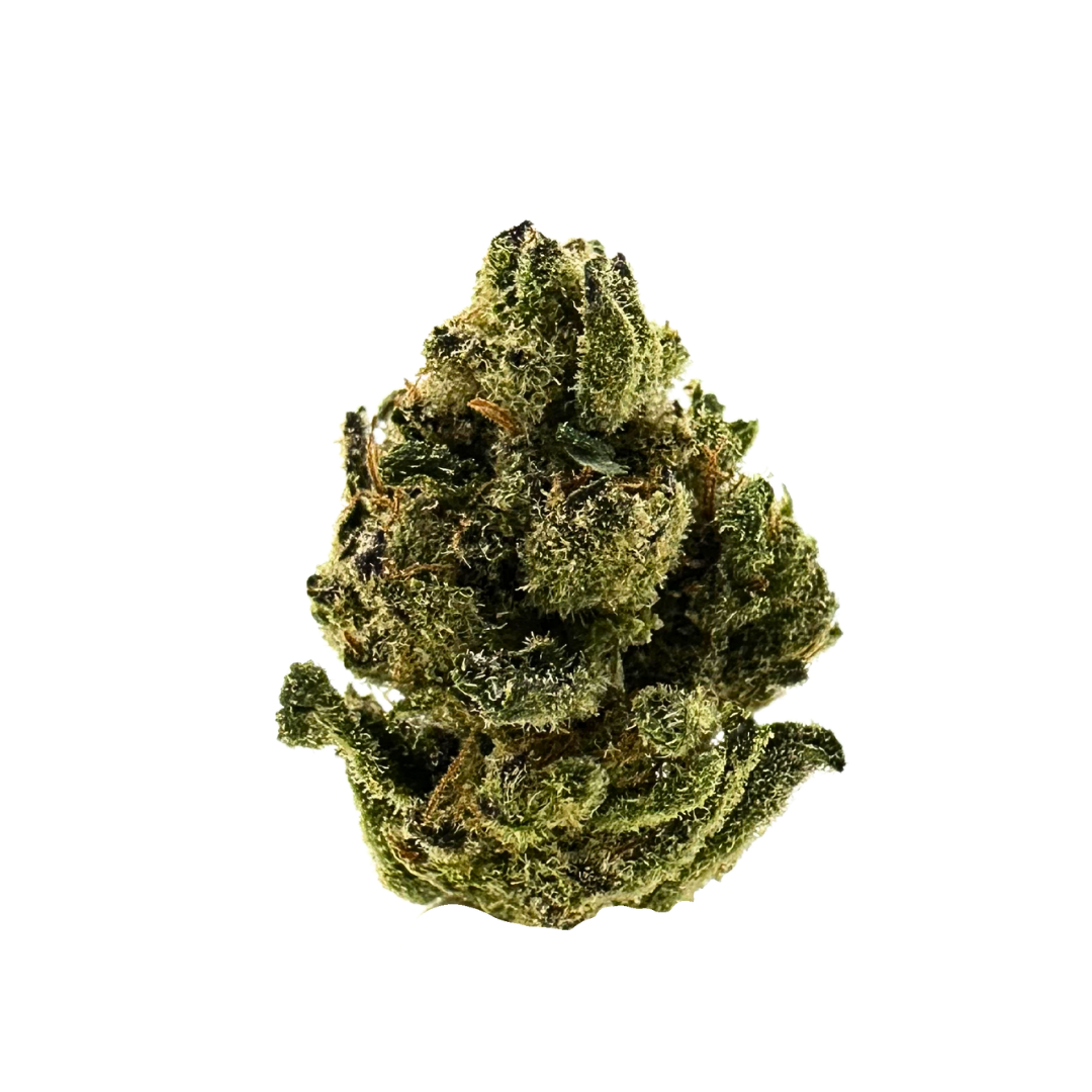 Premium Smalls Space cannabis flower close-up displaying sandy trichome coverage, earthy green buds and orange pistils