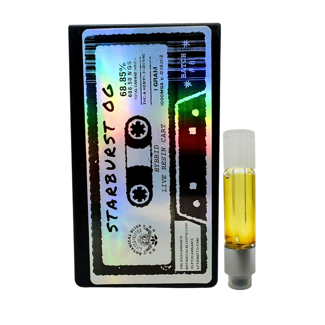 Starburst OG hybrid THCa live resin 1G cartridge with sweet citrus flavor, balanced euphoria, available online with fast delivery