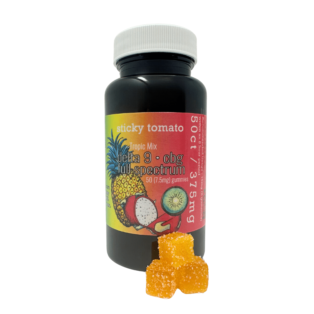 Sticky Tomato’s Tropical D-9 + CBG Gummies feature kiwi, pineapple, and dragon fruit flavors with a balanced THC-CBG blend for an uplifting experience.