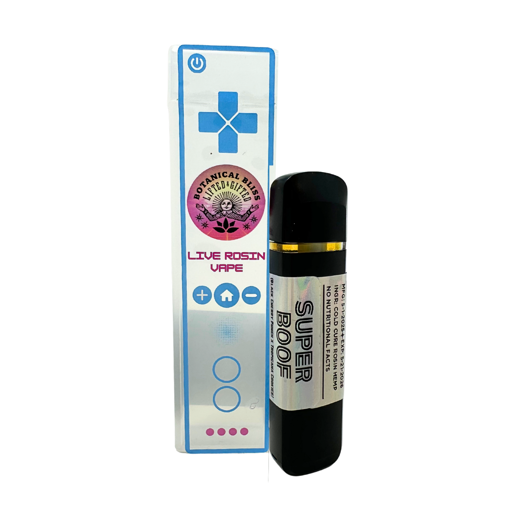 Super Boof .5G Live Rosin Vape by Botanical Bliss x Lifted & Gifted. Hybrid strain made from indoor THCa flower using 90u process.