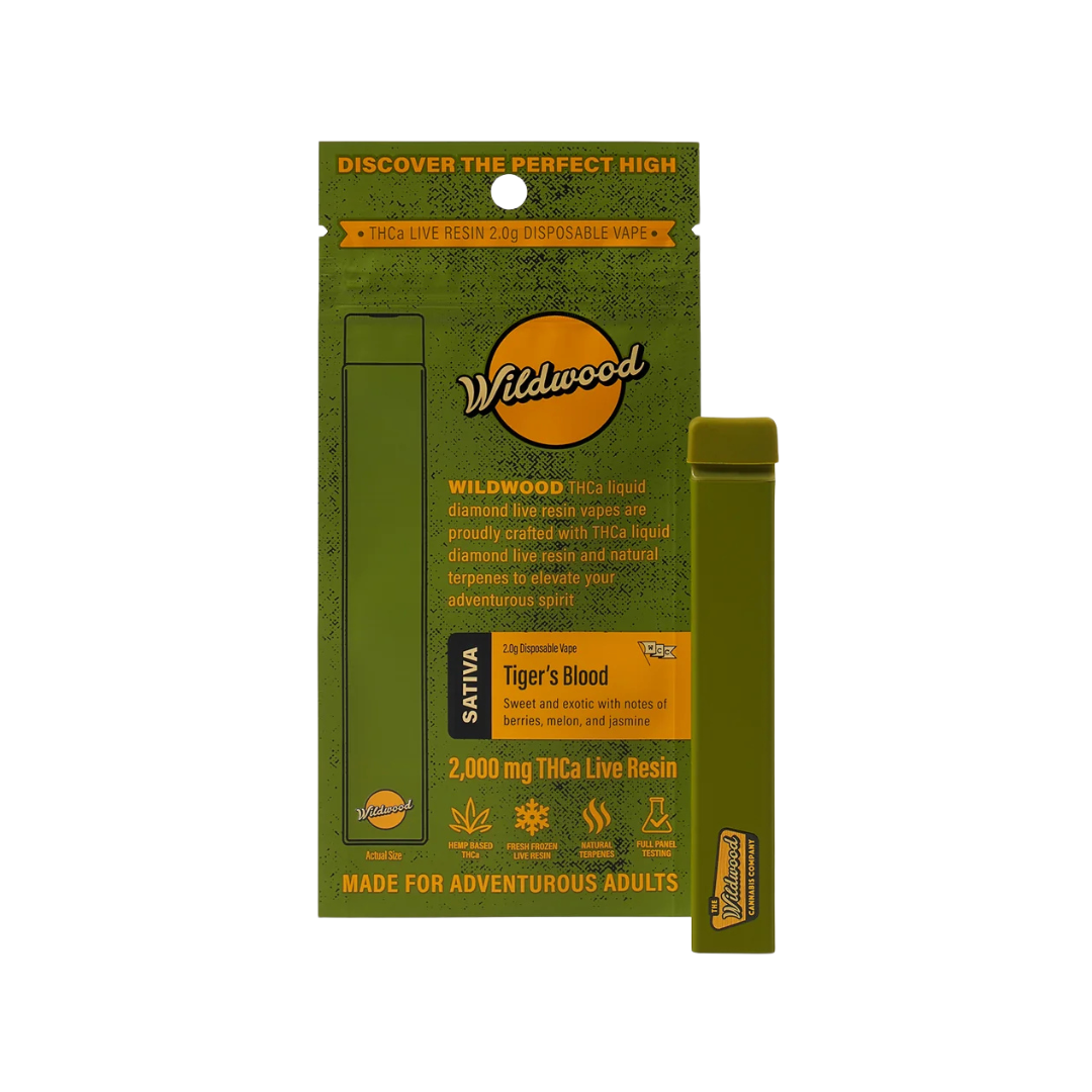 Tiger's Blood (Sativa) THCA Live Resin 2g Vape with liquid diamond live resin, all-natural terpenes, and a rechargeable aluminum body.