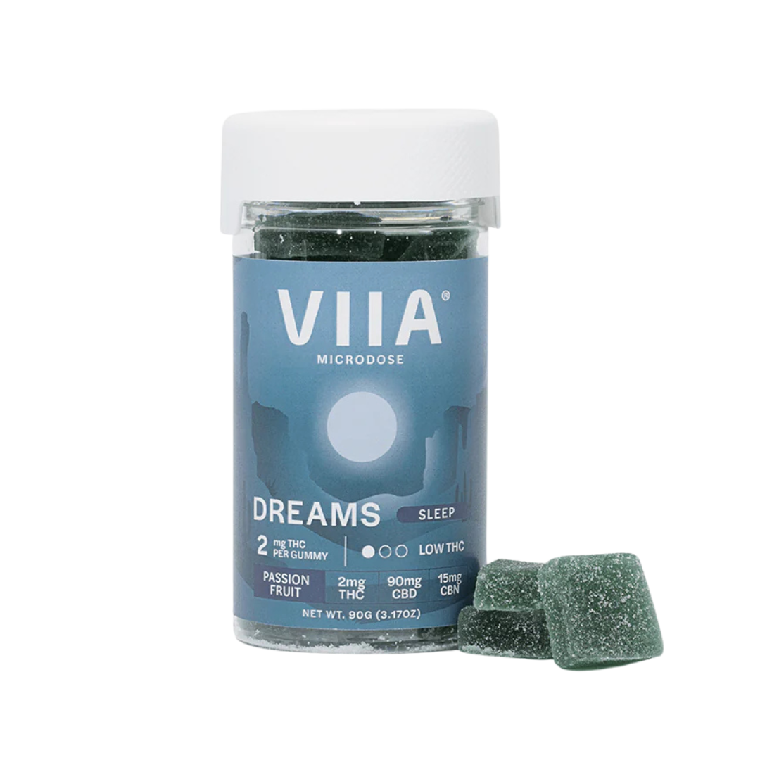 Dreams Sleep Gummies in Passionfruit flavor with 2mg THC, 90mg CBD, and 15mg CBN. Microdosed nighttime support for deep, restorative sleep.