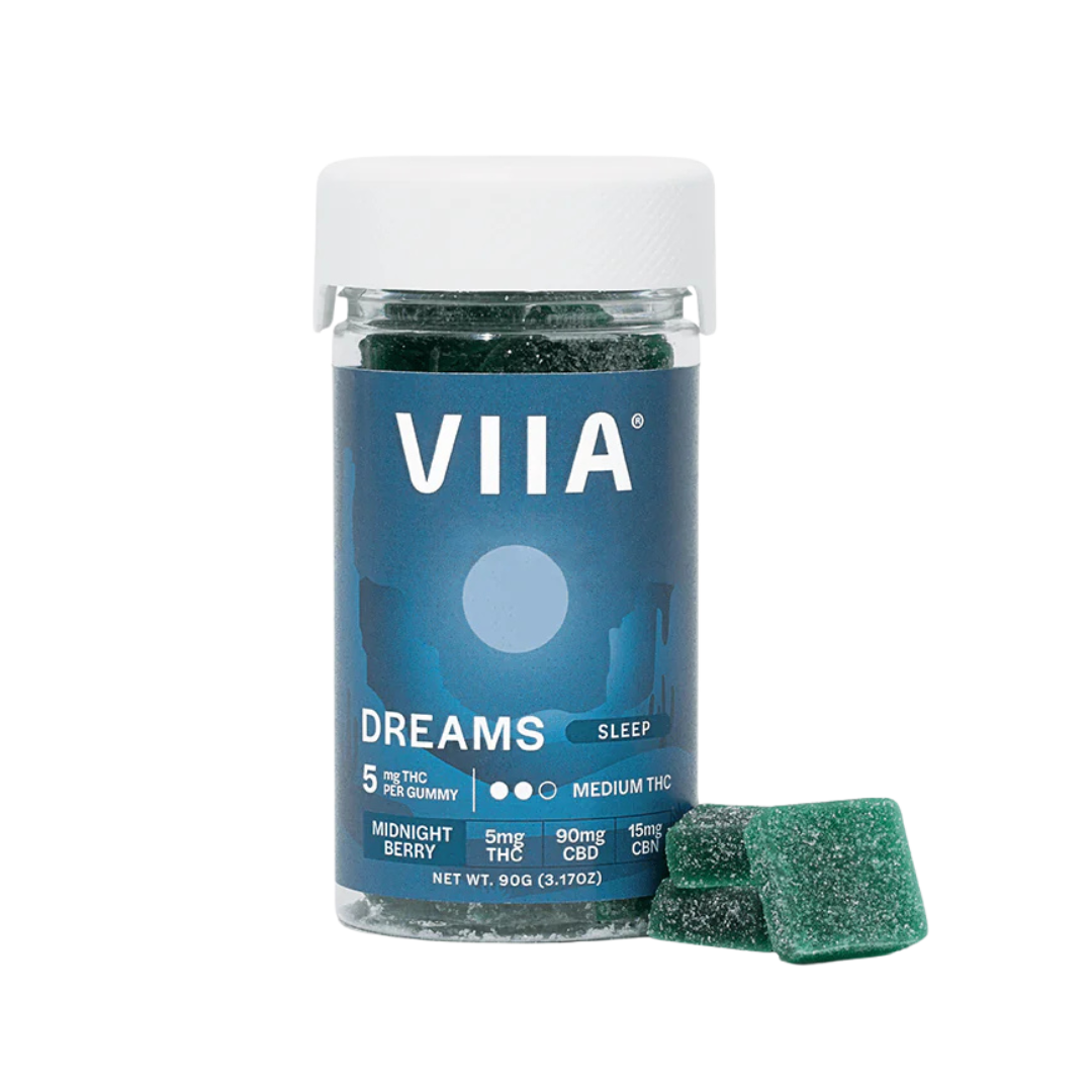 Dreams Sleep Gummies with 5mg THC in Midnight Berry flavor. THC, CBD, and CBN with botanicals for restorative, deep sleep.