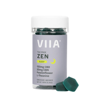 VIIA Zen CBD Sleep Gummies in Snooze Berry flavor. THC-free and melatonin-free with calming support from CBD, CBN, and botanicals. 20-count bottle.