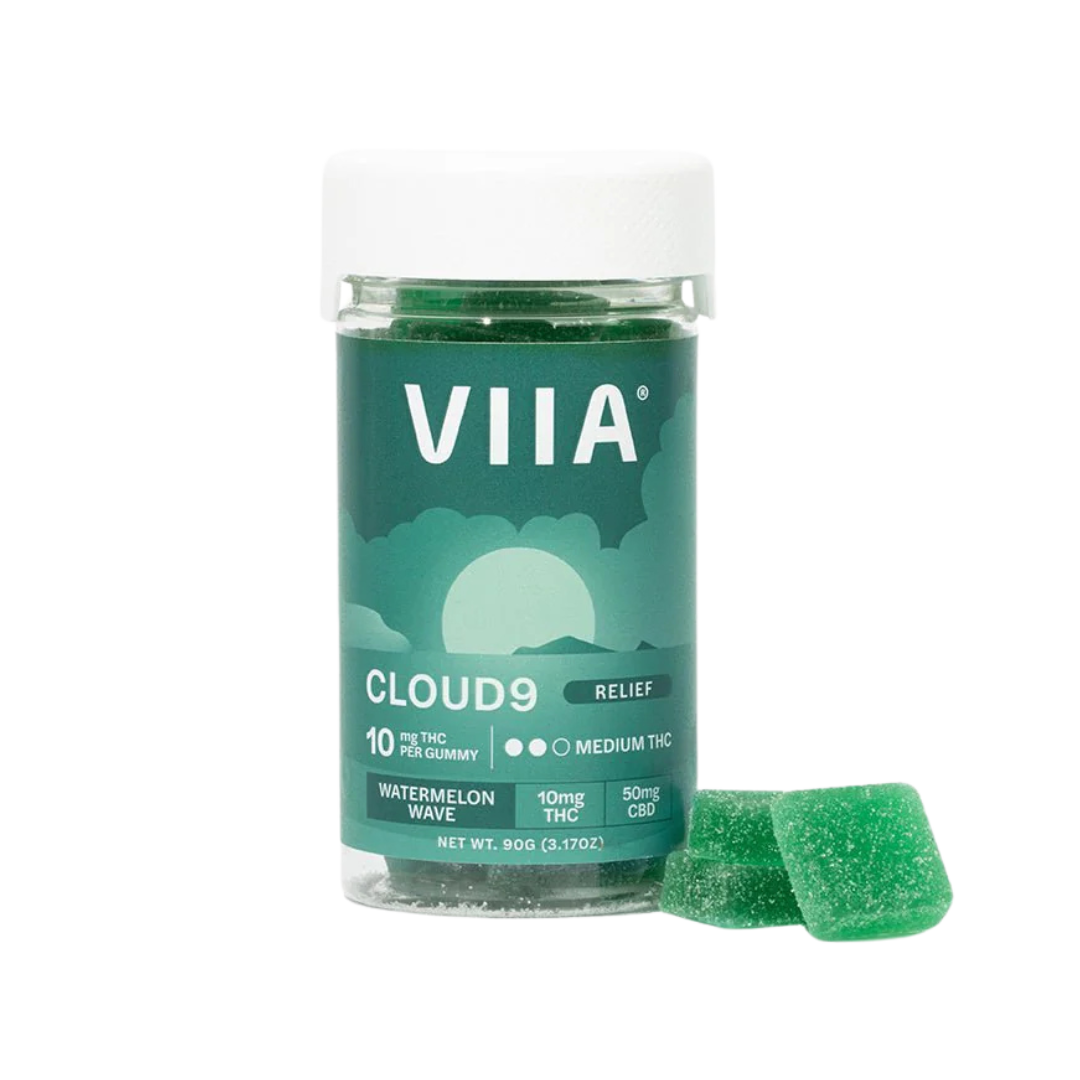 Cloud 9 Relief Gummies with 10mg THC and 50mg CBD in Watermelon Wave flavor. High-dose calm and euphoria for experienced users.