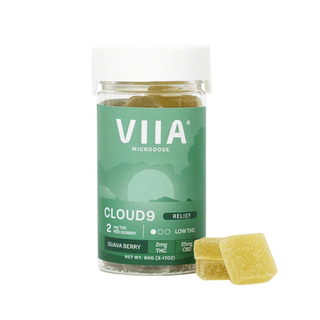 Cloud 9 Relief Gummies with 2mg THC and 25mg CBD in Guava Berry flavor—microdose THC paired with 5HTP and L-Theanine for calm and balance.