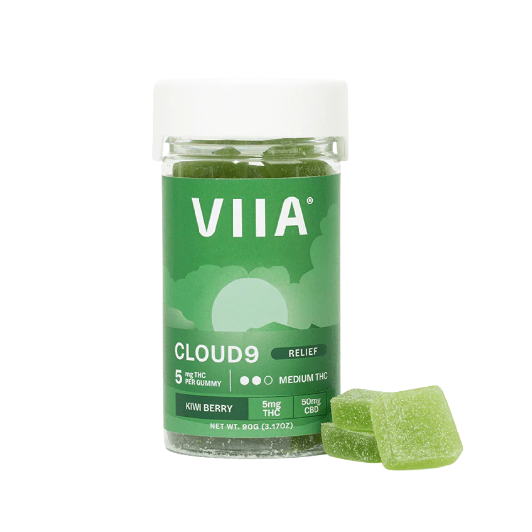 Cloud 9 Relief Gummies with 5mg THC and 50mg CBD in Kiwi Berry flavor. Medium dose, mood-boosting gummies for calm and balance.