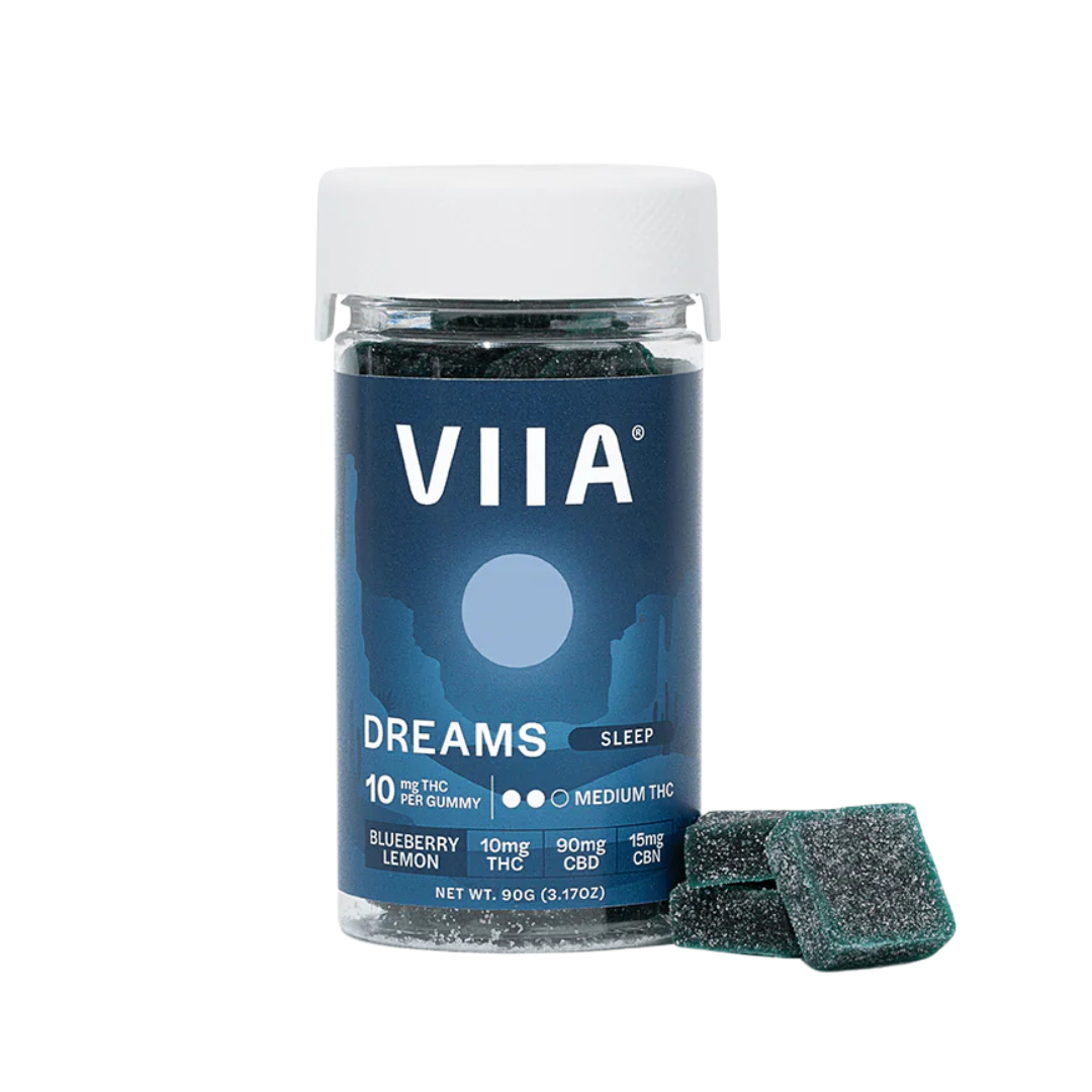 Dreams Sleep Gummies with 10mg THC in Blueberry Lemon flavor. Potent bedtime support with THC, CBD, CBN, and relaxing botanicals.