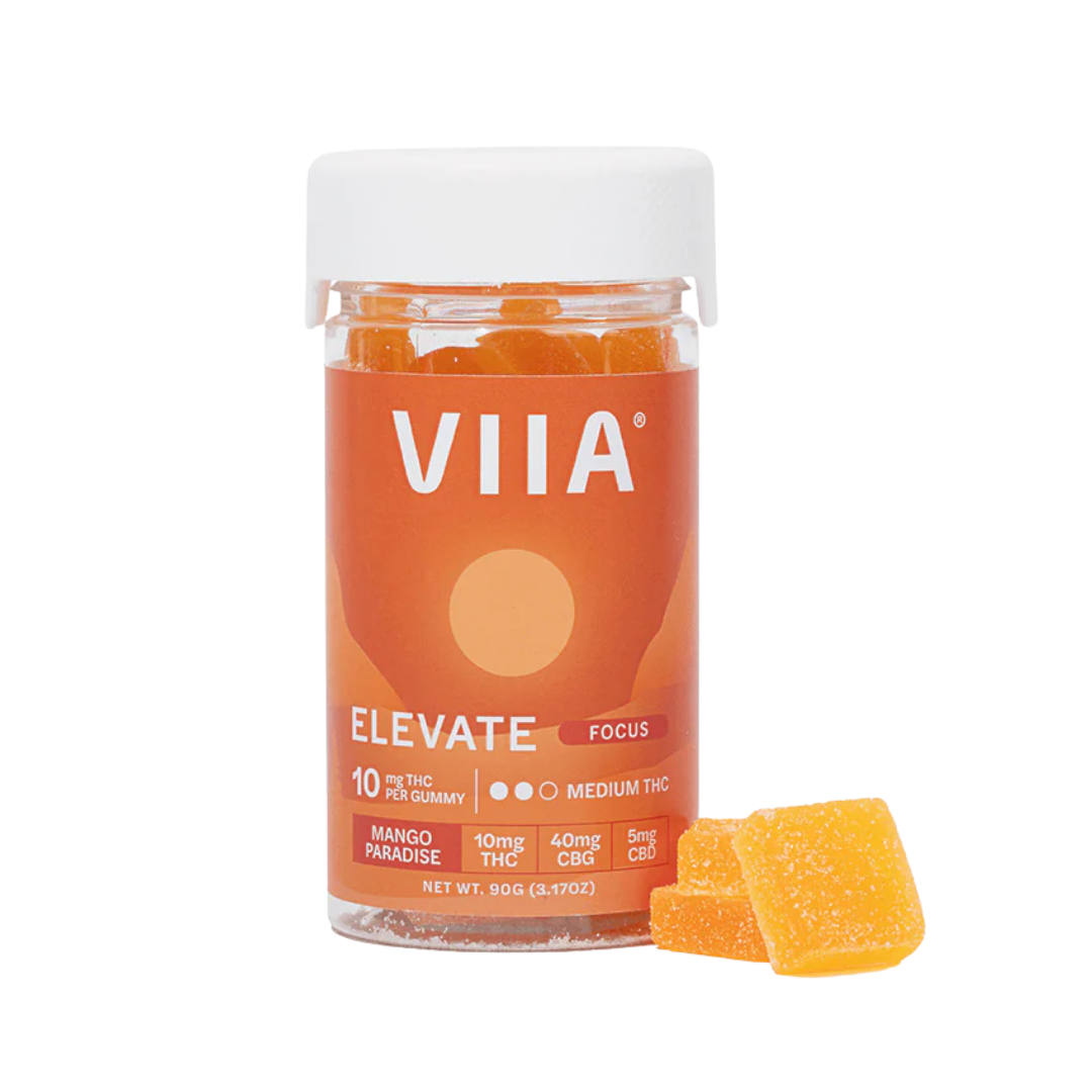 VIIA Elevate Focus Gummies with 10mg THC, 40mg CBG, CBD, Alpha GPC, and B12 for energy, focus, and mood—Mango Paradise flavor.