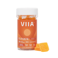 VIIA Elevate Focus Gummies with 10mg THC, 40mg CBG, CBD, Alpha GPC, and B12 for energy, focus, and mood—Mango Paradise flavor.