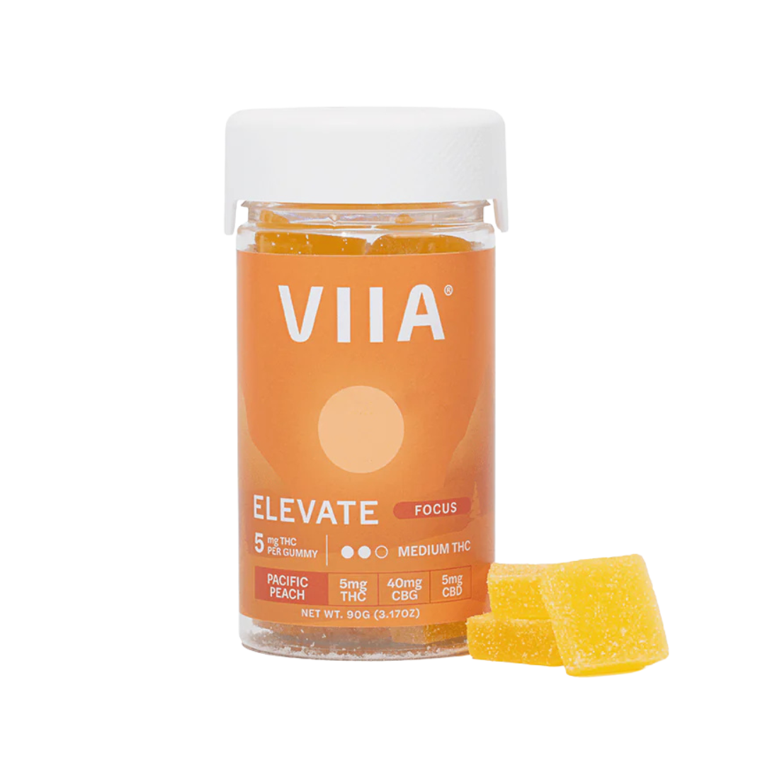 Peach Elevate Focus Gummies by VIIA with 5mg THC, 40mg CBG, and 5mg CBD. Designed for focus, energy, and clarity with nootropic support.