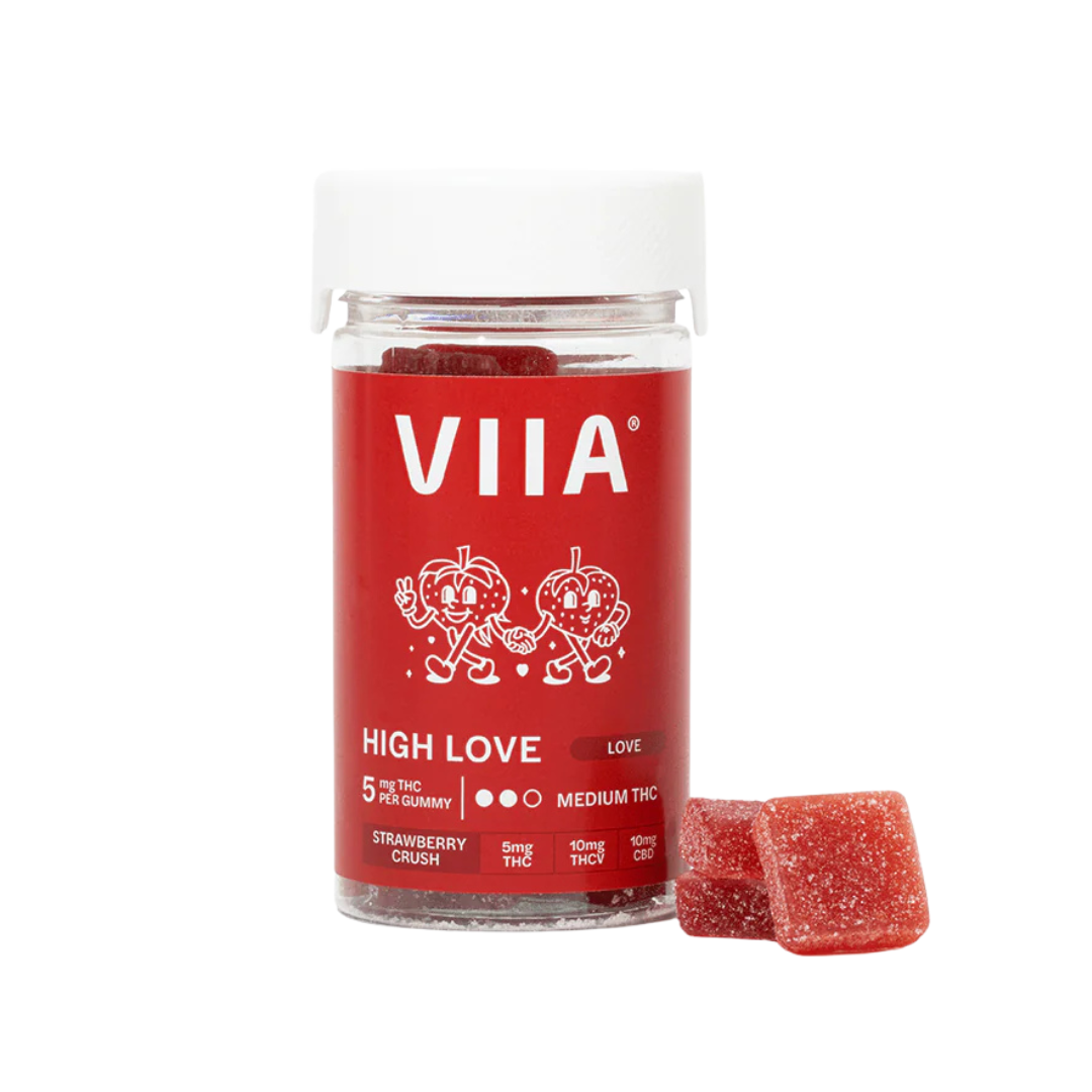 High Love Libido Gummies with 5mg THC in Strawberry Crush flavor. Infused with aphrodisiac botanicals for enhanced intimacy and sensual calm.