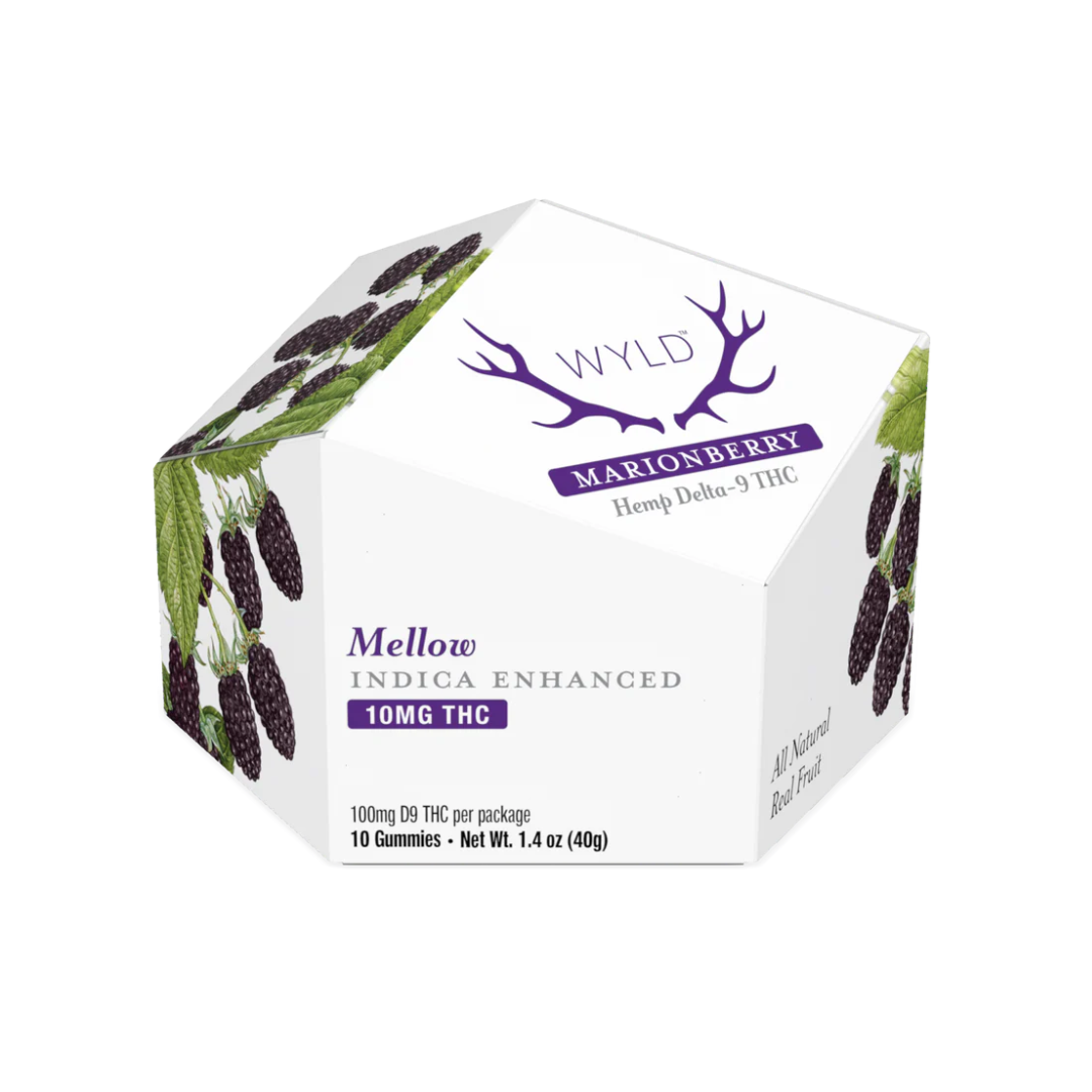 WYLD Marionberry Indica Gummies with 10mg THC—deep berry flavor and calming effects for relaxing evenings and restful nights.