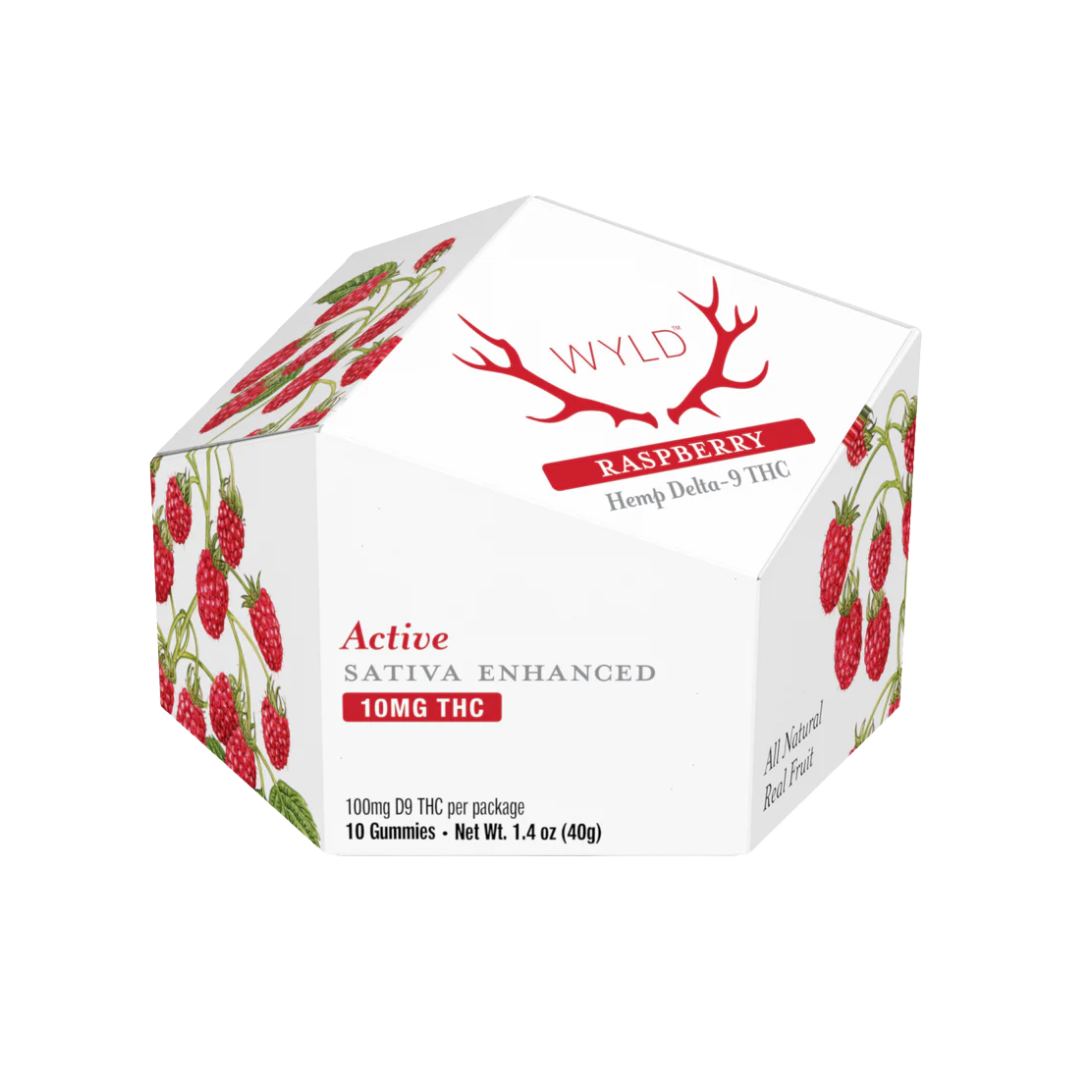 WYLD Raspberry Sativa Gummies with 10mg THC each—uplifting, fruity, and perfect for daytime energy and creative focus.