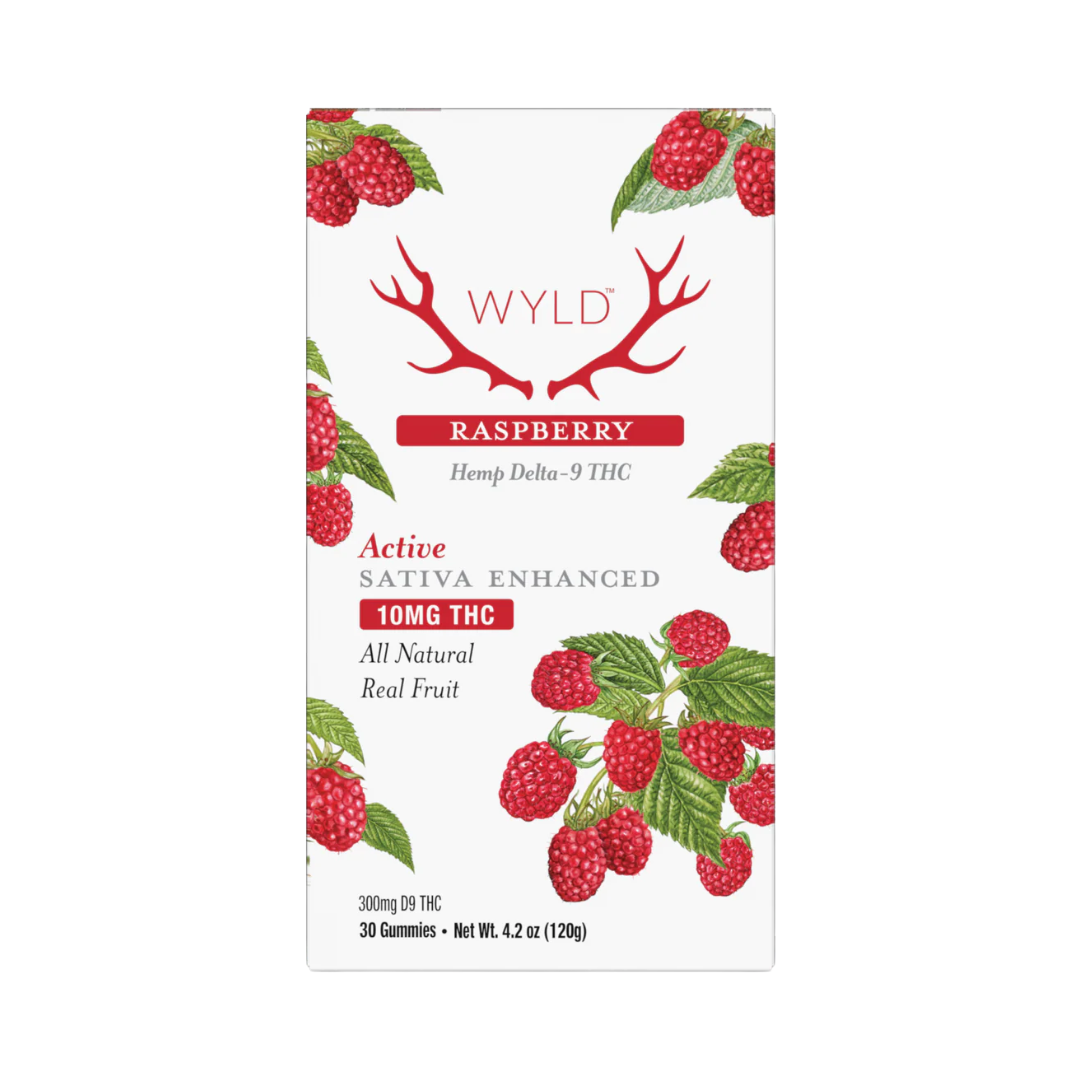 WYLD Raspberry Sativa Gummies with 10mg THC each. 30CT THC edibles perfect for daytime. Shop edibles online with fast delivery.