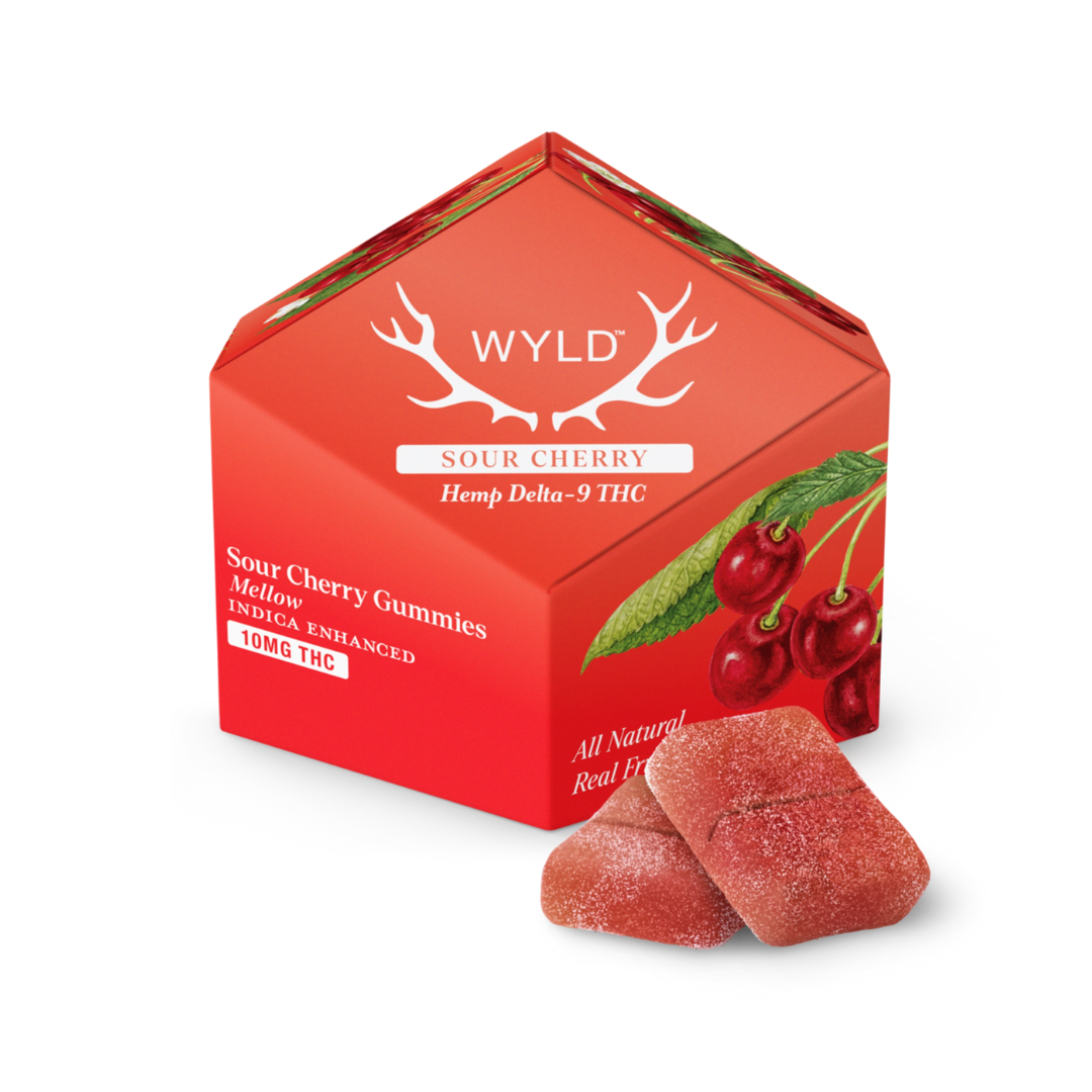 WYLD Sour Cherry THC gummies 10ct with tart cherry flavor, relaxing effects, buy edibles online with fast Nashville delivery