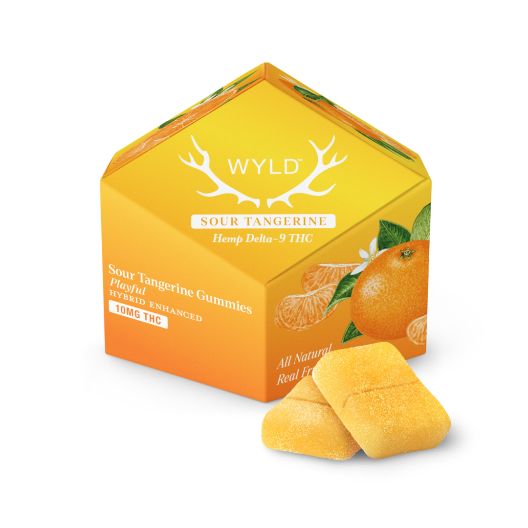 WYLD Sour Tangerine THC gummies 10ct with bright citrus flavor and balanced hybrid effects, buy edibles online with fast Nashville delivery.