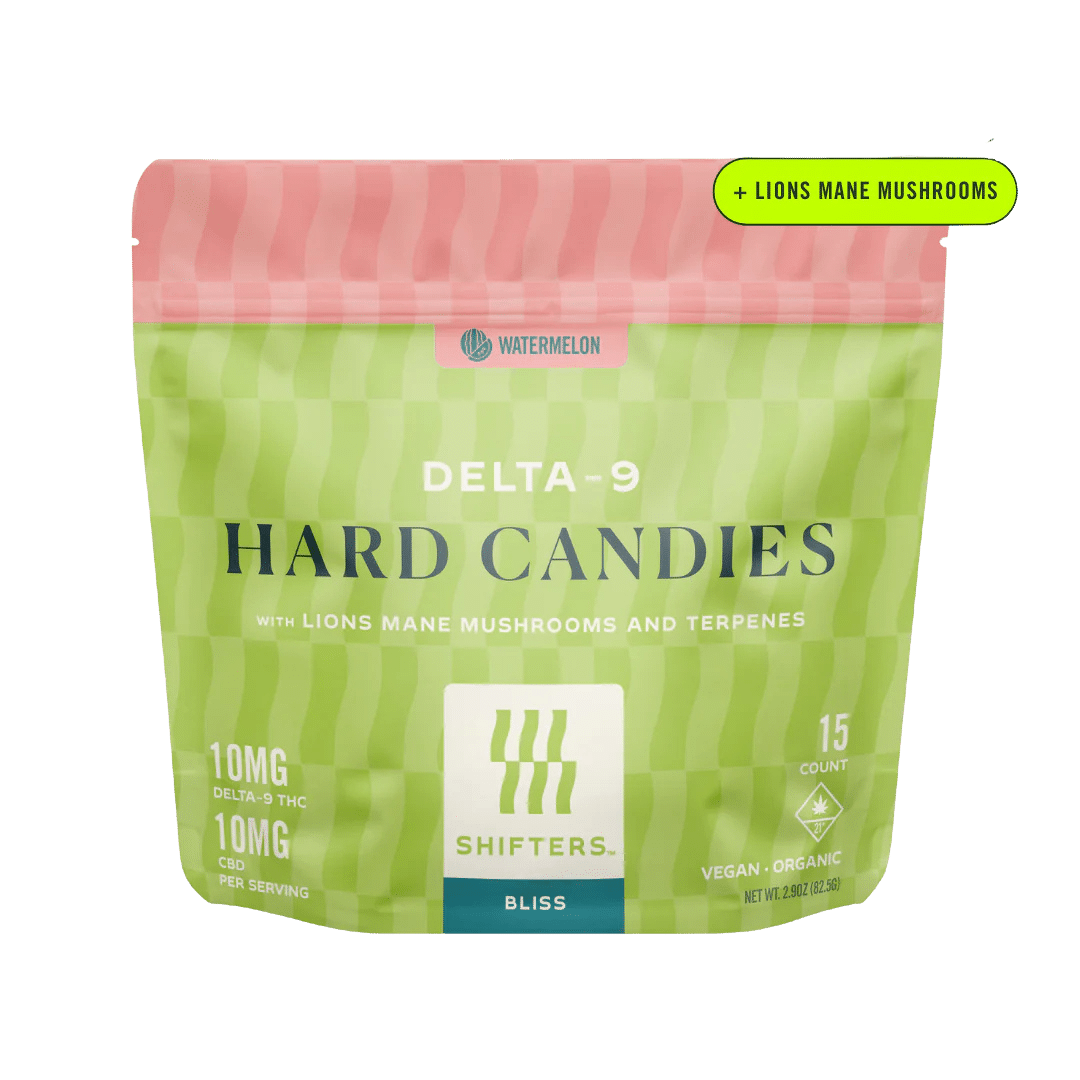 Shifters Hard Candies by Canvast: delta-9 THC, CBD, Lion’s Mane, and terpenes. Watermelon flavor for focus, clarity, and a giddy high.