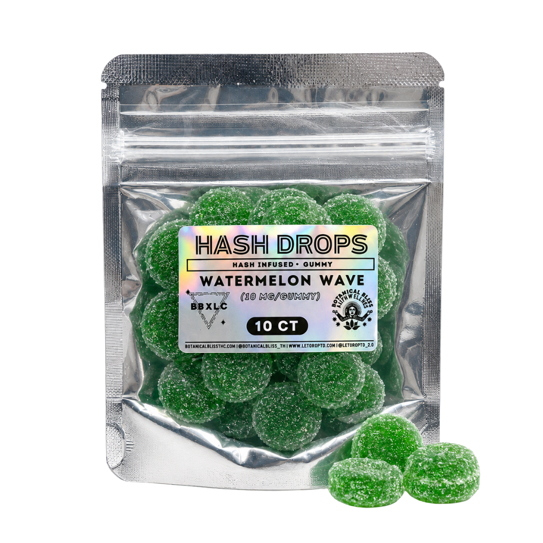 Watermelon Hash Drops hash rosin gummies by BBXLG featuring 10 Watermelon Wave gummies infused with premium solventless hash rosin