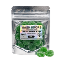 Watermelon Hash Drops hash rosin gummies by BBXLG featuring 10 Watermelon Wave gummies infused with premium solventless hash rosin