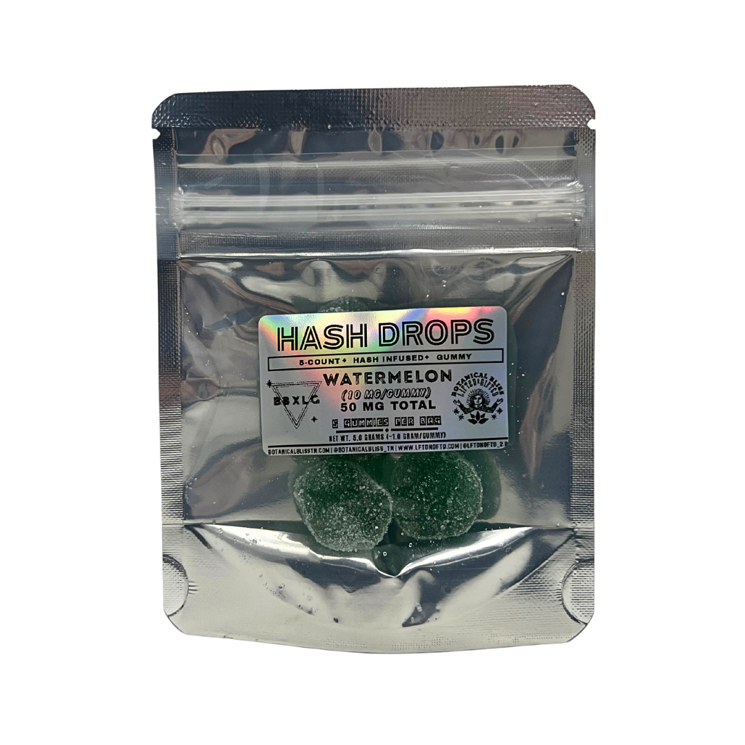 Watermelon Hash Drops gummies by Botanical Bliss x Lifted & Gifted – 10mg THC each, 100mg per bag. Hash-infused edibles, shop discreet delivery today.