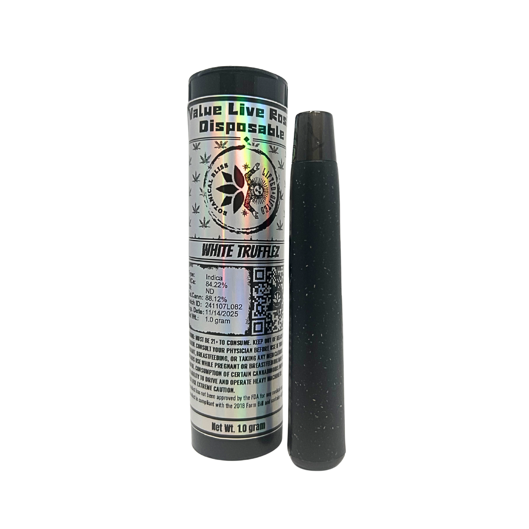 White Trufflez Indica Live Rosin Vape — 1G hemp-based disposable with earthy truffle flavor and heavy relaxing effects. Shop premium THCa vapes shipped fast from Consider It Flowers.