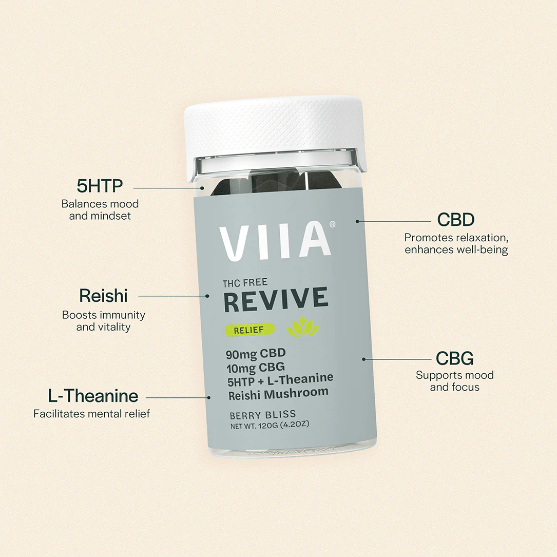 Berry Bliss Revive CBD Gummies by VIIA with THC-free formula including CBD, CBG, 5HTP, and Reishi. Stress relief and mood support in every bite.