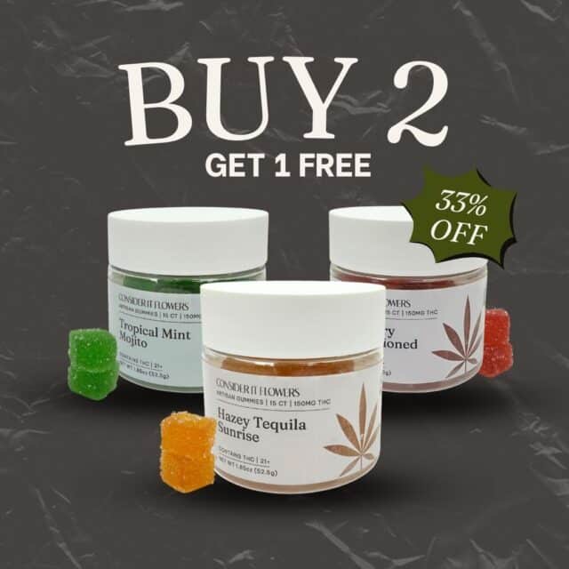 Buy 2, Get 1 Free: Bundle 3 Artisan Gummies—Hazey Tequila Sunrise, Tropical Mint Mojito, OG Cherry Old Fashioned. Cocktail-inspired flavors.