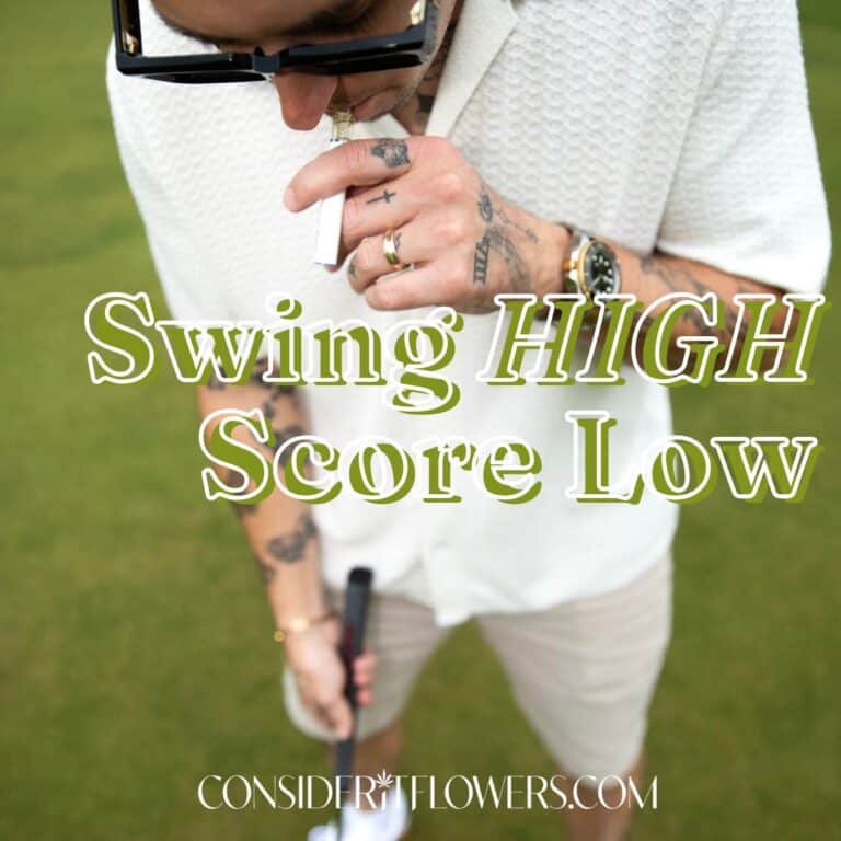 Man with tattoos is golfing while smoking a THCA live rosin disposable vape from Consider It Flowers.