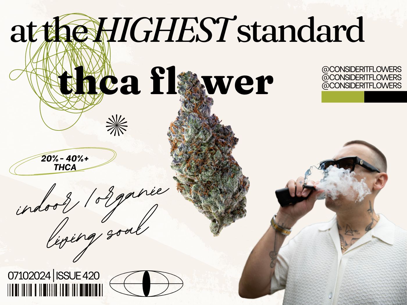 Dexter Palmer smoking THCA cannabis bud and Consider It Flower THCA flower. Shop indoor organic THCA flower now.