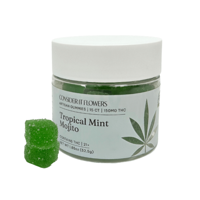 Artisan Tropical Mint Mojito Gummies: small-batch, cocktail-inspired, vegan, gluten-free. Fresh mint, citrus flavors with Tropicana Cookies terpenes.