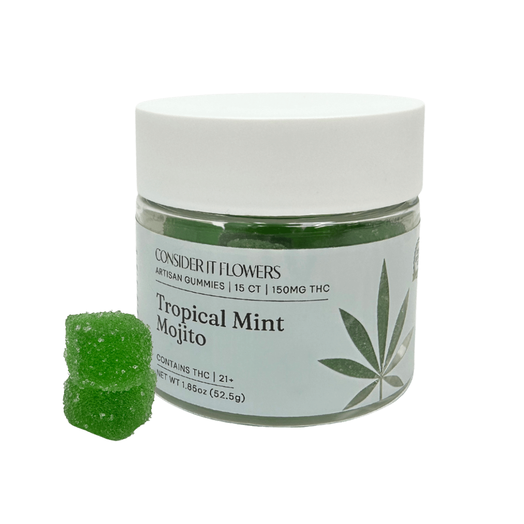 Artisan Tropical Mint Mojito Gummies: small-batch, cocktail-inspired, vegan, gluten-free. Fresh mint, citrus flavors with Tropicana Cookies terpenes.