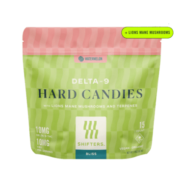 Shifters Hard Candies by Canvast: delta-9 THC, CBD, Lion’s Mane, and terpenes. Watermelon flavor for focus, clarity, and a giddy high.