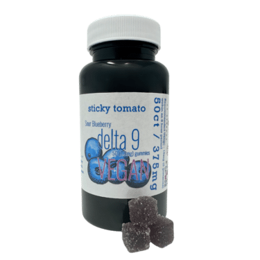 Sticky Tomato’s Sour Blueberry Delta-9 Vegan Gummies feature tart blueberry flavor and 7.5mg Delta-9 THC per gummy. Made in Nashville by Craft Cannabis.