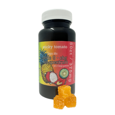 Sticky Tomato’s Tropical D-9 + CBG Gummies feature kiwi, pineapple, and dragon fruit flavors with a balanced THC-CBG blend for an uplifting experience.